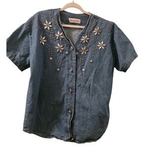 Vintage 80s Rhinestone Embellished Denim Shirt Short Sleeve Blue Jean Size L